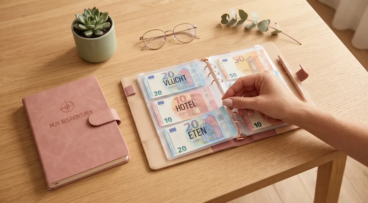 Budgetbinder A6 met enveloppen en eurobiljetten voor reissparen