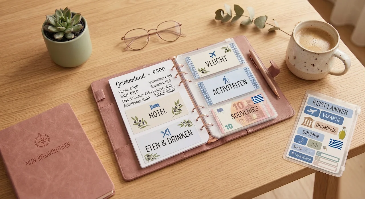 Cash stuffing binder versierd met stickers, washi tape en handgeschreven labels
