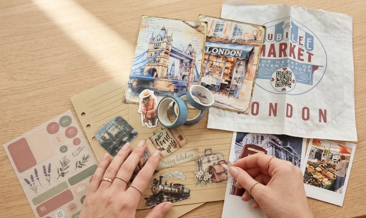 Handen die een foto plakken in een open travel journal met washi tape, schaar en stickers