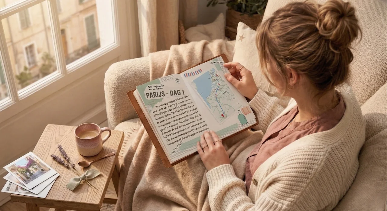 Travel journal opengeslagen op een bank