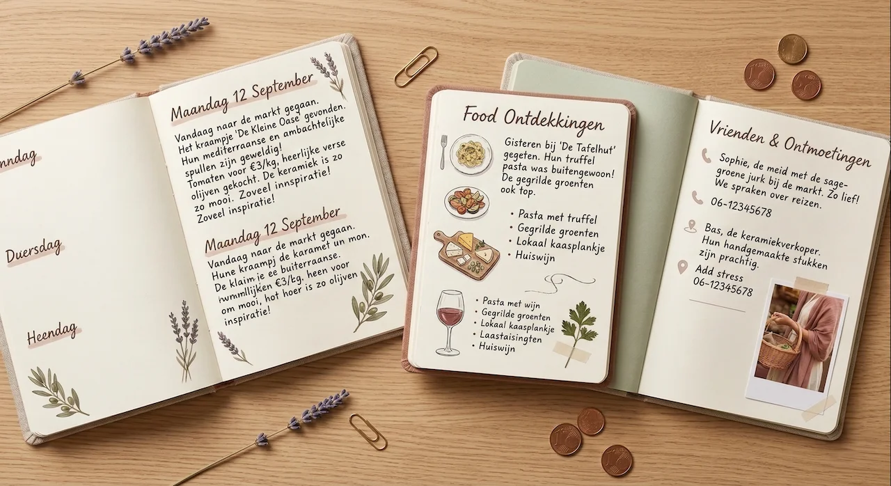 Verschillende travel journal spreads met dagboek-, food- en ontmoetingen-pagina's in warme kleuren