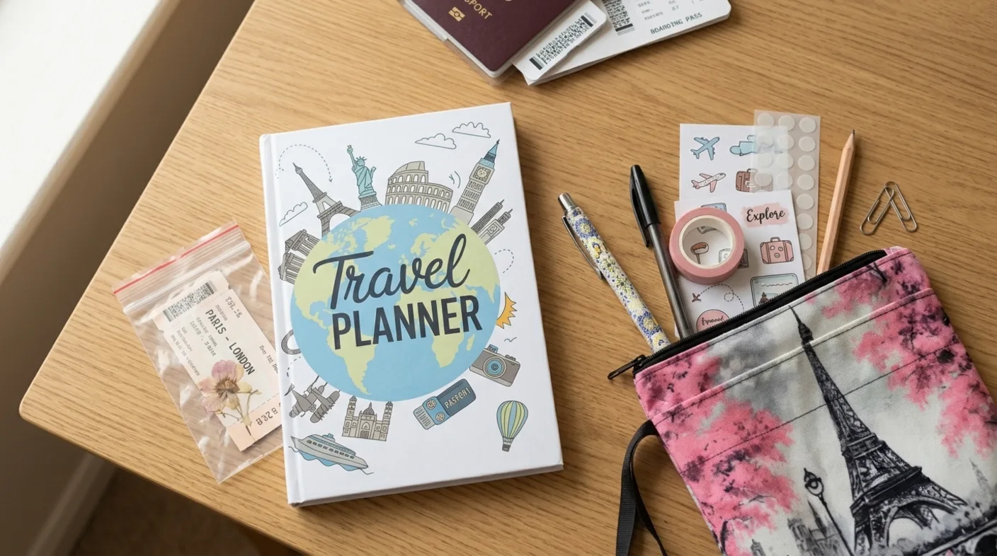 Journal spullen voor op reis: etui met pennen, washi tape, stickers en een travel journal