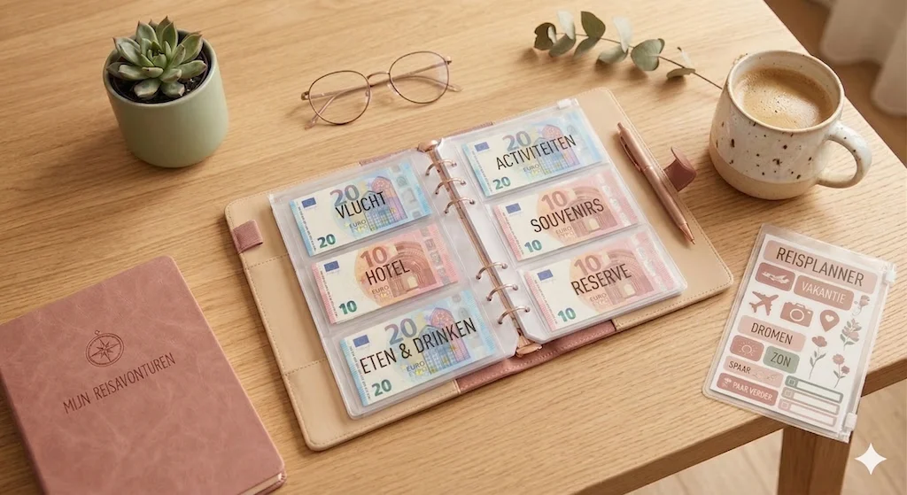 Open cash stuffing binder met gelabelde enveloppen, moodboard-pagina's en eurobiljetten