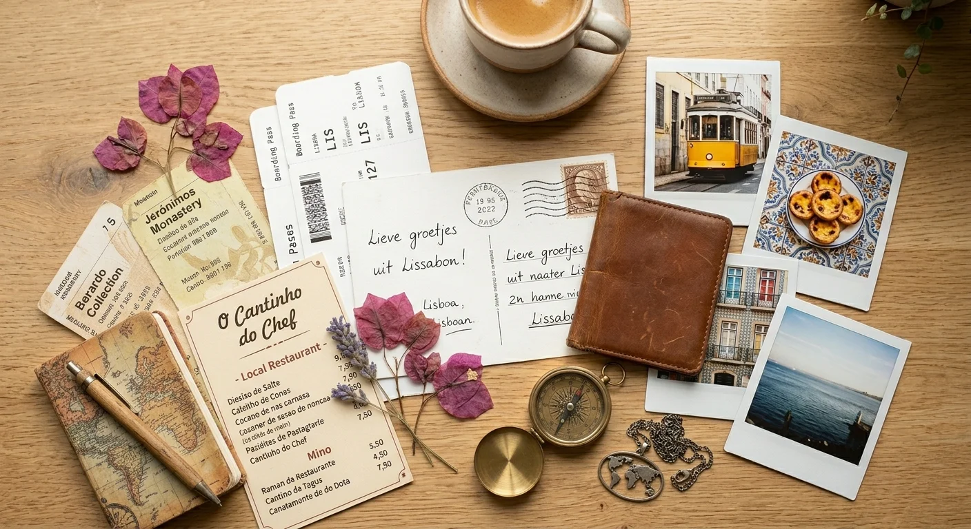 Open travel journal met ingeplakte foto's, tickets en handgeschreven notities