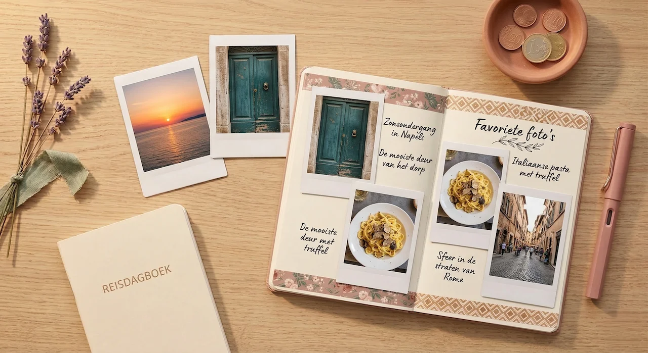 Polaroidfoto's naast een open travel journal met de pagina 'Favoriete foto's'