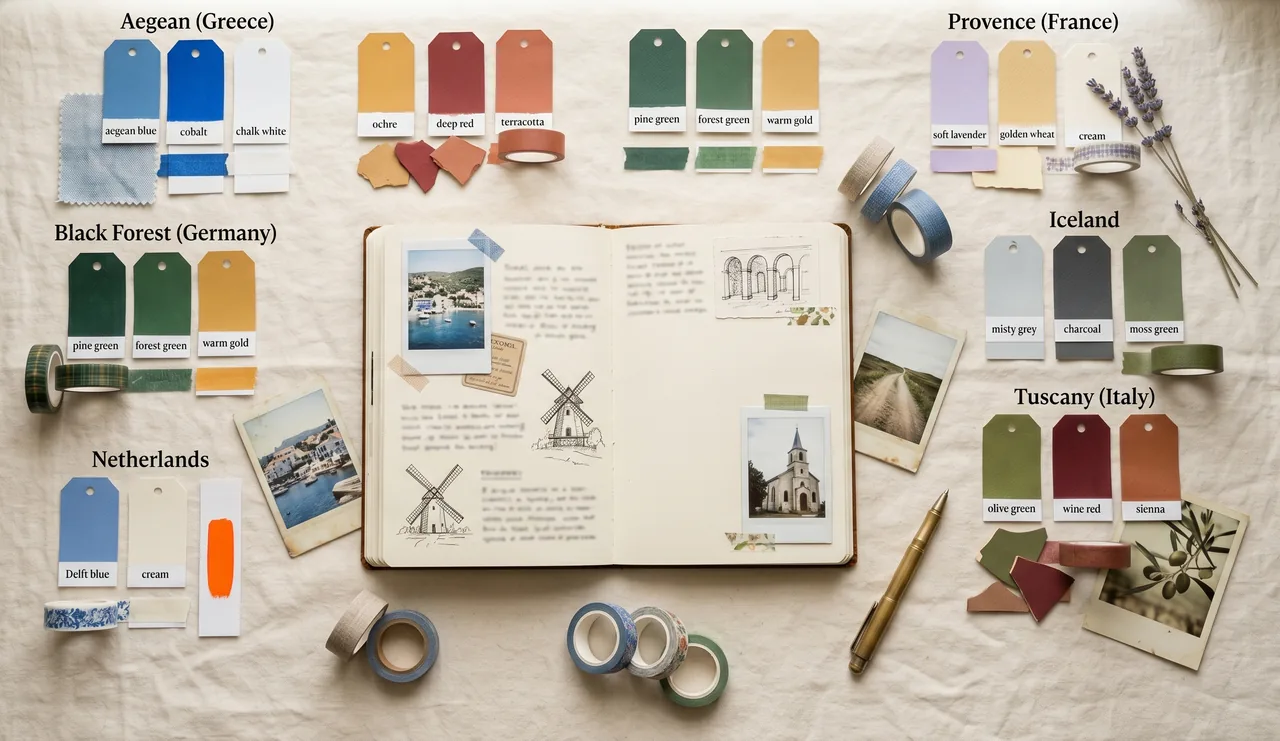 Reisdagboek kleuren, kleurenpaletten per bestemming met washi tape en stiften
