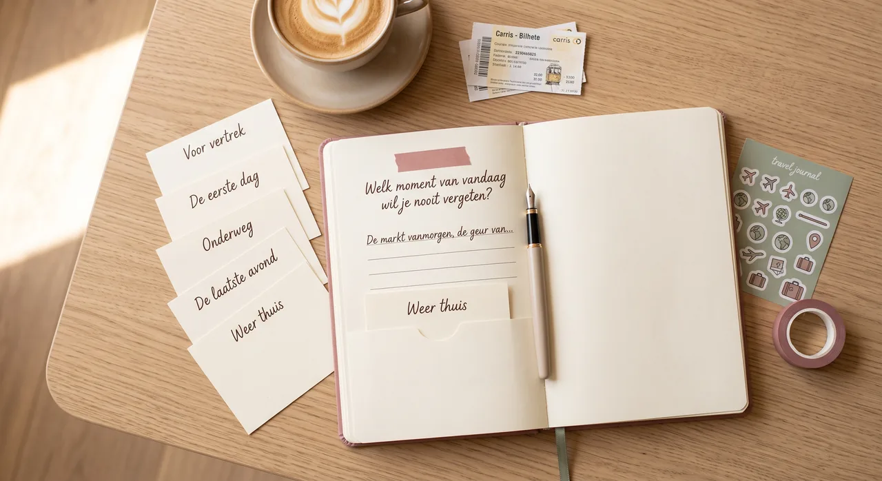 Open reisdagboek met de schrijfvraag 'Welk moment van vandaag wil je nooit vergeten?' en vijf kaartjes per reismoment: voor vertrek, de eerste dag, onderweg, de laatste avond en weer thuis