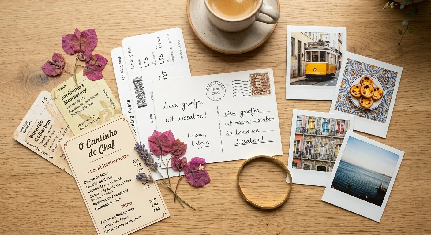 Reisherinneringen uitgestald op tafel — ansichtkaarten, tickets, polaroids en gedroogde bloemen