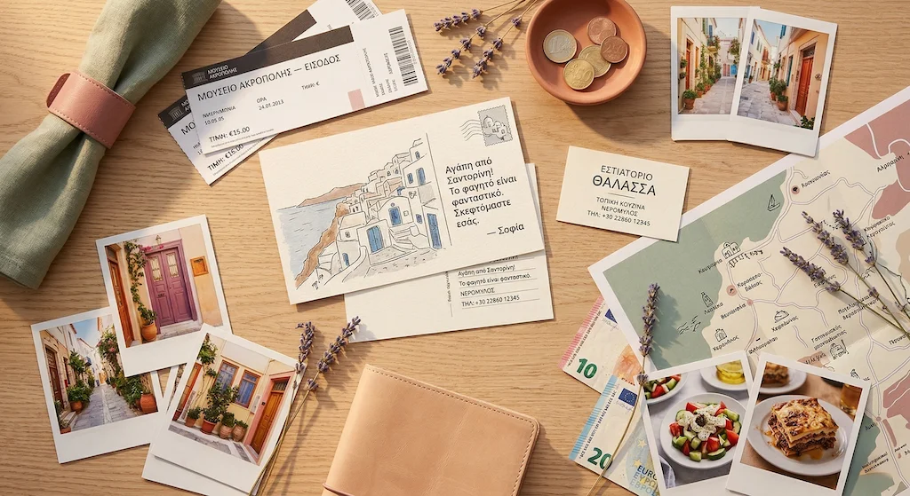 Reisherinneringen uitgestald op tafel — museumtickets, ansichtkaart, polaroids en gedroogde lavendel