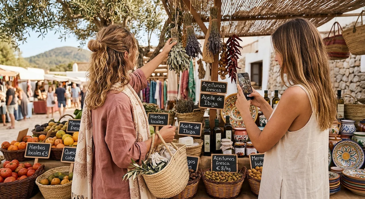 Twee jonge vrouwen die een kleurrijke lokale markt in een mediterrane setting verkennen
