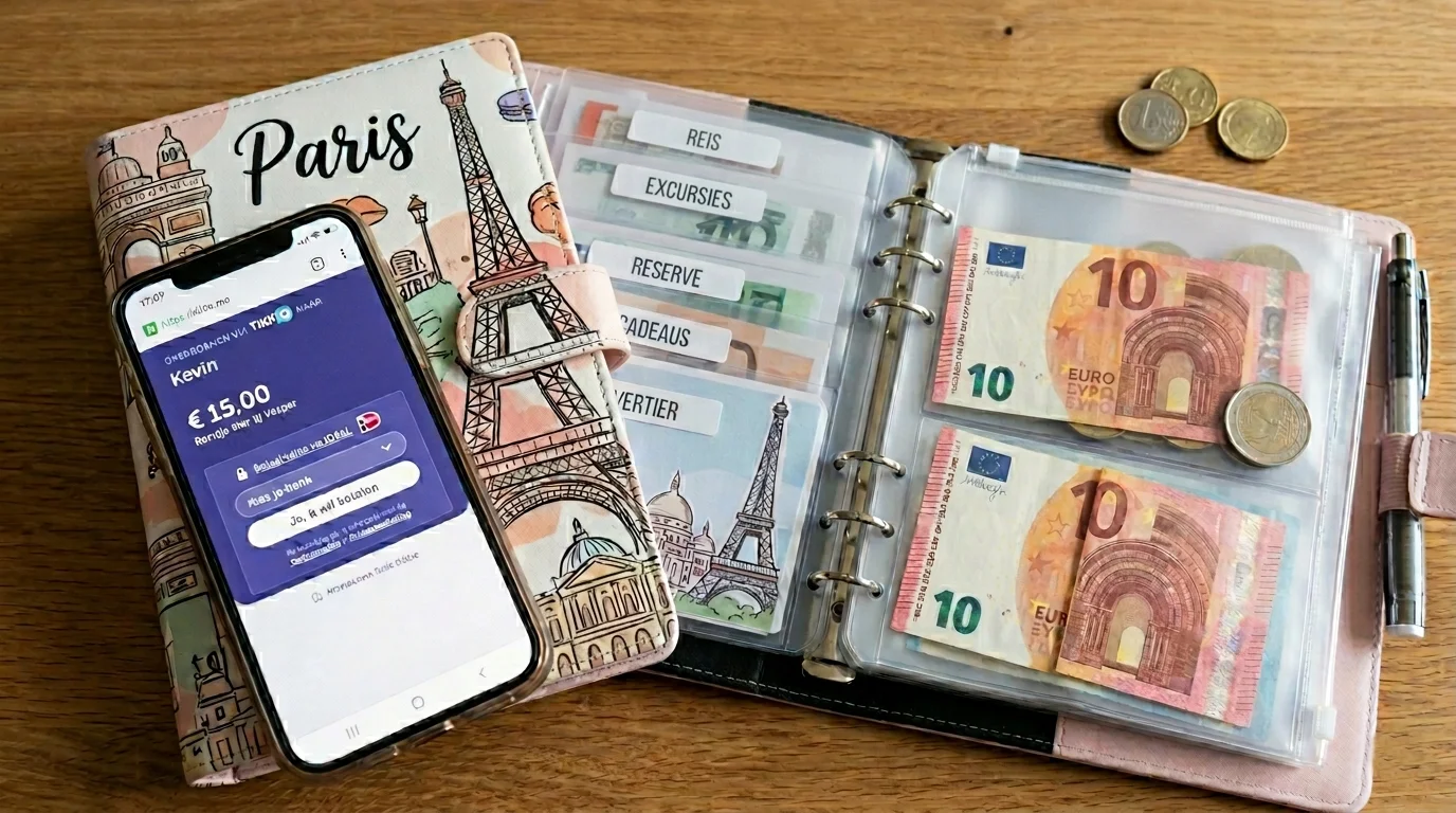 Telefoon met Tikkie-app naast een fysieke cash stuffing binder