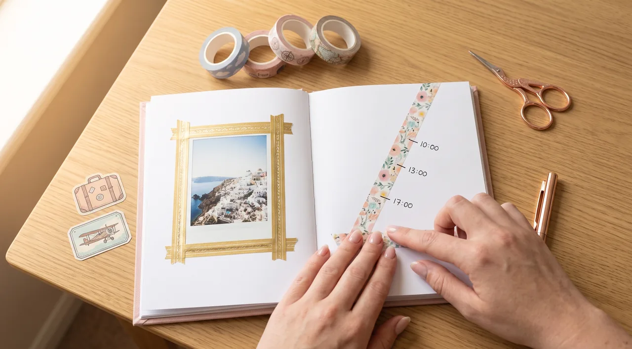 Reisdagboek pagina met washi tape, foto's en stickers