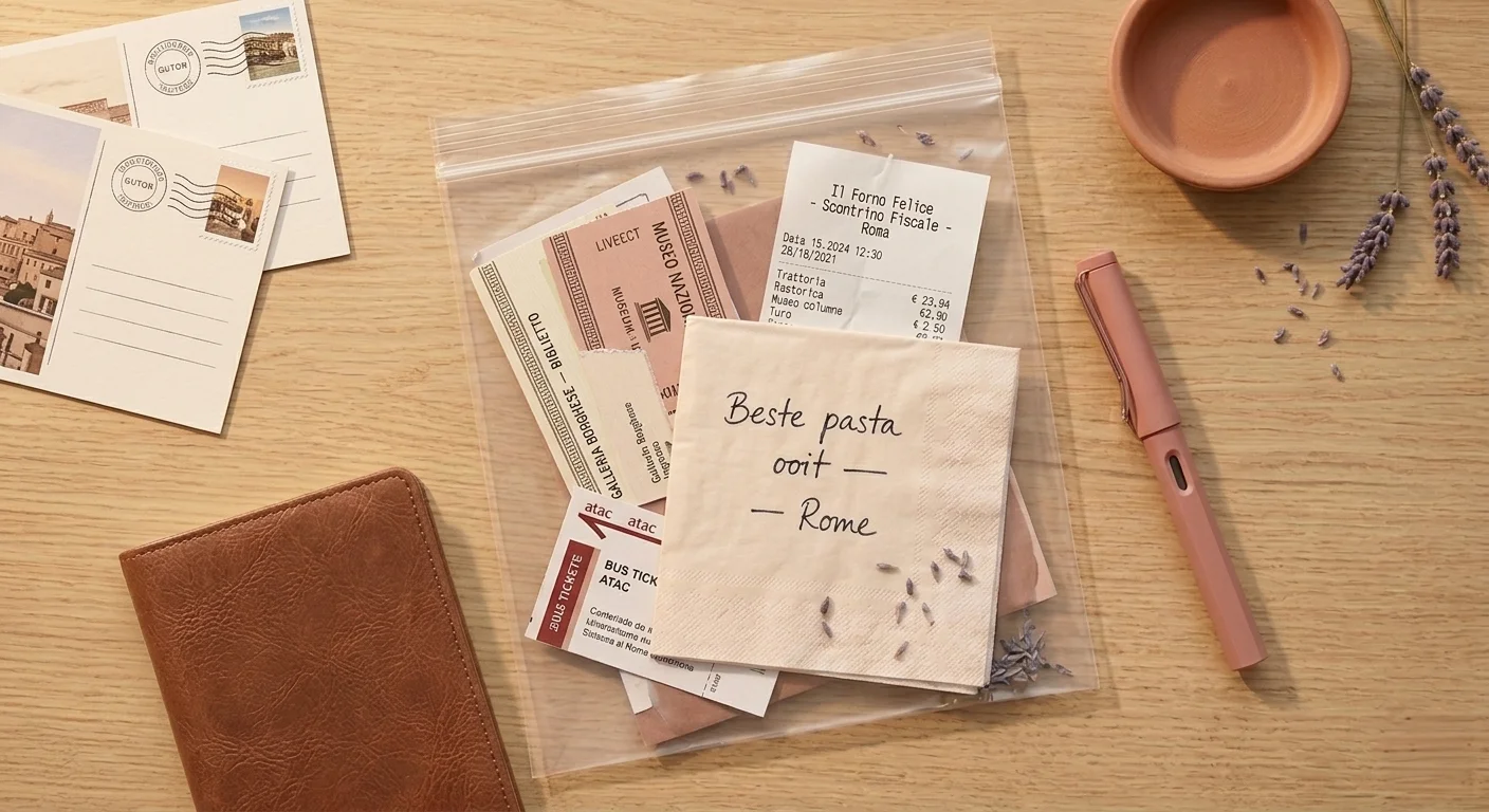 Doorzichtig ziplock-zakje met verzamelde reistickets, bonnetjes en een servetje met handgeschreven notitie